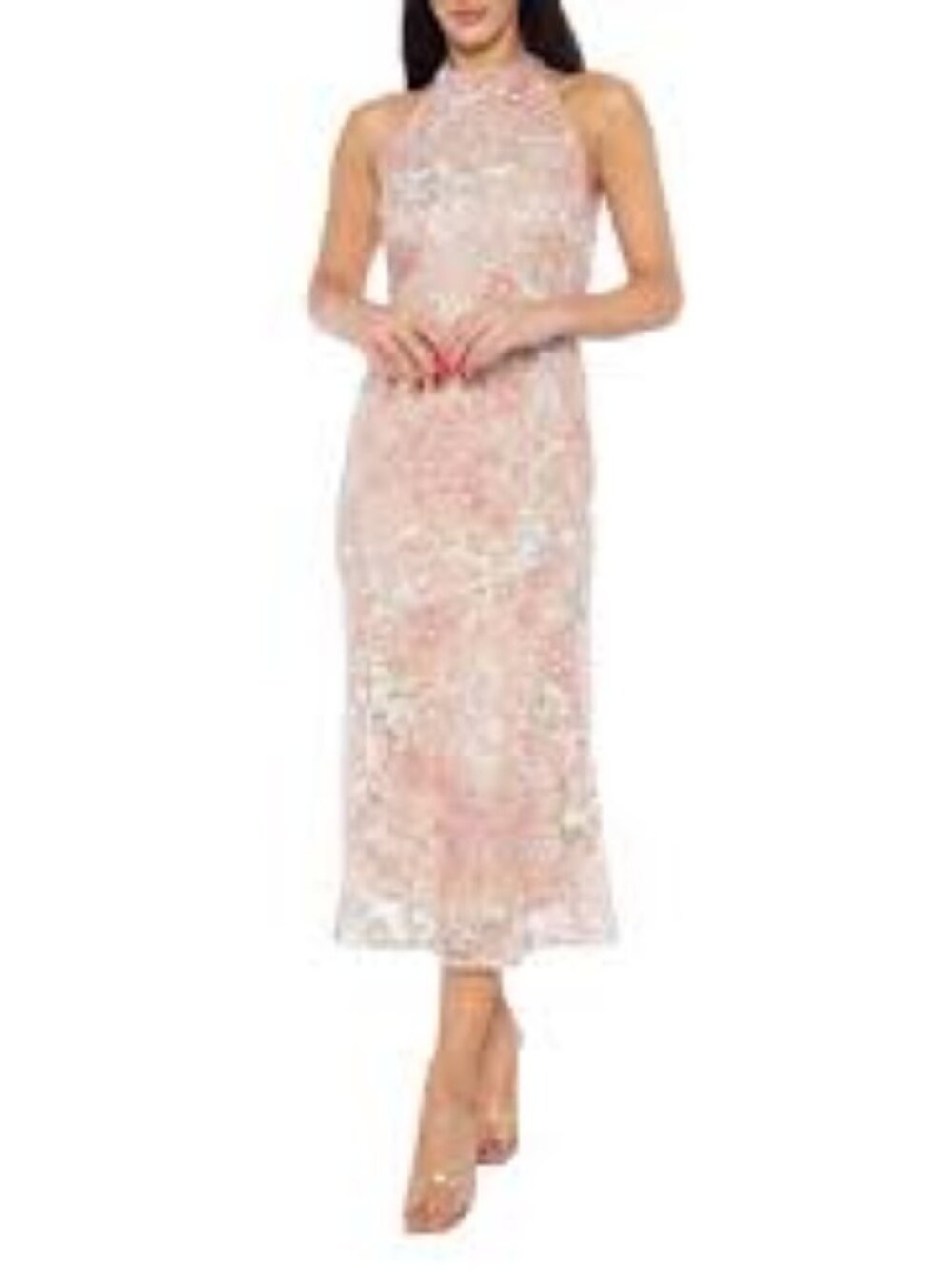 MARINA Blush Sequin Halter Midi Dress